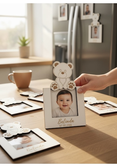 Kişiye Özel Ayıcık Figürlü Ahşap Fotoğraflı Magnet 10'lu Beyaz