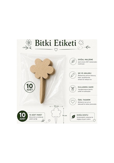 Arliadesign Kişiye Özel Ahşap Bitki Etiketi 10'lu Set / Papatya Şekilli 3 Mm Ham Mdf Saksı Mini Bahçe Etiketi