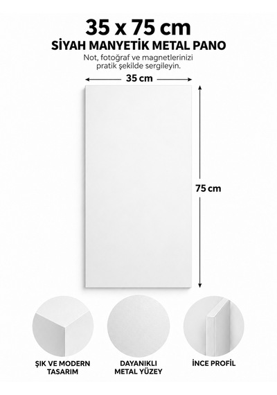 Mooly Siyah Mıknatıslı Metal Pano 35x75 Cm, Dekoratif Magnet Ve Not Panosu Beyaz