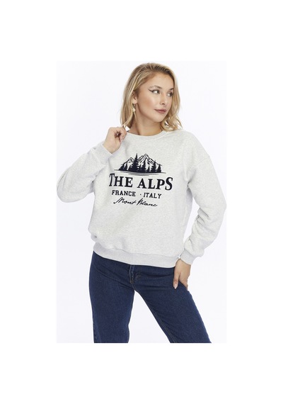 Gidia Kadife The Alps Desenli Gri Melanj Yumuşak Dokulu Regular Fit Bisiklet Yaka Kadın Sweatshirt Grimelanj