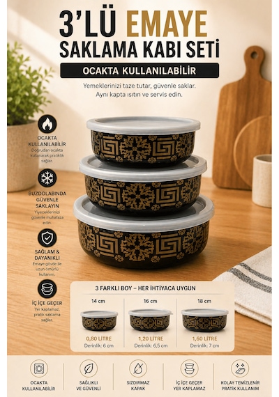 3 Lü Emaye Saklama Kabı Seti Kapaklı, Ocakta Kullanılabilir, İç İçe Geçer Desenli Çok Renkli