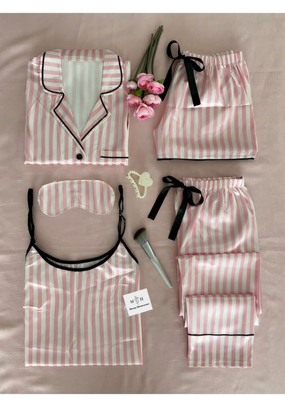 Mh Moony Homewears 5'li Premium Saten Pembe Çizgili Set PEMBE
