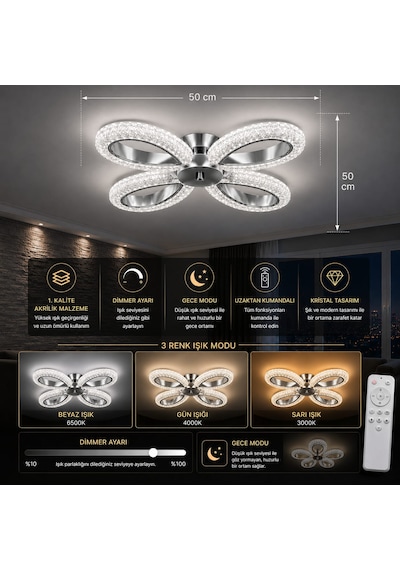 Yagmur 4lu Avize 3 Renk Led Isıklı Kumandalı Salon Avize Oturma Odası Avize Krom