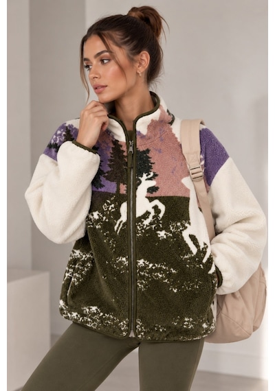 Vadon 1061 Kadın Geyik Ve Orman Desenli Yandan Cepli Fermuarlı Polar Sweatshirt Haki