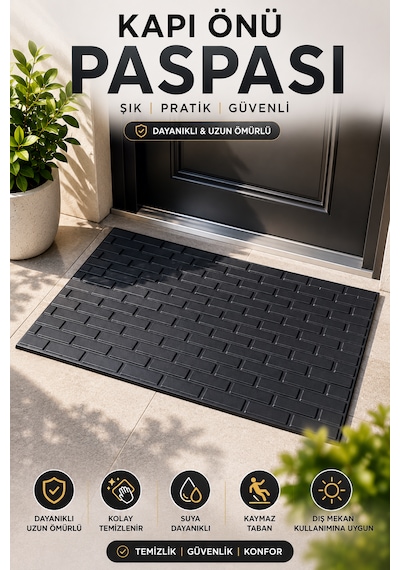 Kapı Önü Paspas 75x45 Cm Kaymaz Tabanlı Yıkanabilir Çok Amaçlı Dış Mekan Paspası siyah