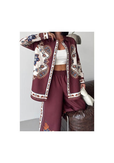 Wellway İthal Chokellaa Kumaş Çiçekli Tunik Gömlek & Pantolon 2li Takım-bordo -26123 Bordo