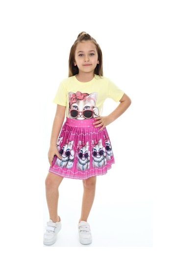 My Kids Wear Sevimli Kedi Etek Tişört Kahverengi - Beyaz