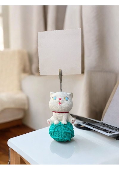 Turkuaz Yumaklı Kawaii Sevimli Kedi Fotoğraf Not Tutucu Turkuaz