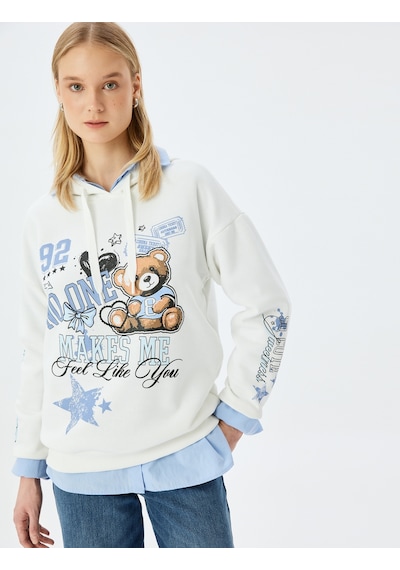 Koton Kolej Baskılı Kapüşonlu Oversize Sweatshirt Ekru 5wal10835ık Ekru