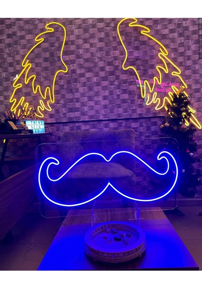 Bıyık Figürlü Neon Tabela Mavi