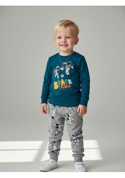 Zekids Erkek Çocuk Space Up Astronot Baskılı Uzun Kollu Pijama Takımı-16843 Yeşil