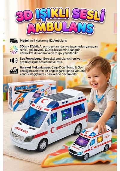 3d Işıklı Sesli Pilli Çarp-dön Mekanizmalı 17cm Gerçekçi Tasarımlı Eğlenceli Oyuncak Ambulans Çok Renkli