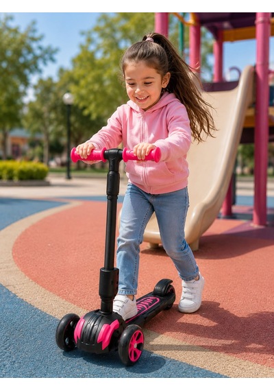 Combo Oturaklı 3 Tekerlekli Katlanabilir Led Işıklı Scooter Pembe