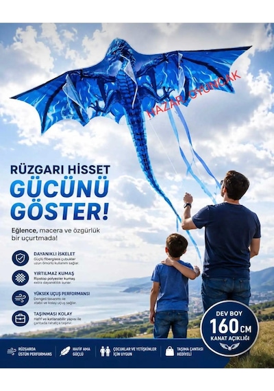 Mavi Ejderha Dragon Oyuncak Uçurtma Büyük Uçan Ejderha 1.55x1.82cm Kite