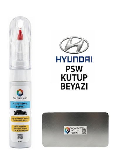Hyundai Psw Kutup Beyazı İğneli Ve Fırçalı Özel Tasarım Şişe Rötuş Boyası Ve Profesyonel Rötuş Çeliği Seti