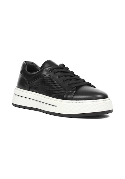 Erkek Siyah Baskılı Bağcıklı Kalın Tabanlı Deri Sneaker