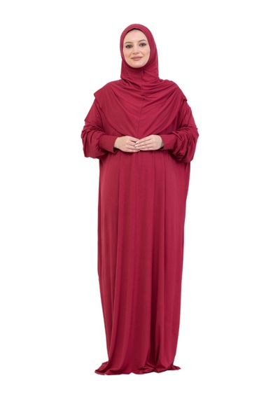 Modish Group Tek Parça Namaz Elbisesi Seti, Viskon Yumuşak Tesettür Abaya, Rahat Hazır Şal Başörtüsü Takım Kırmızı