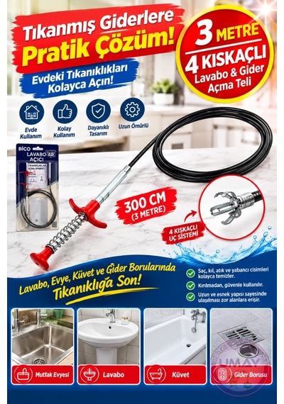300 Cm 3 Metre Kıskaçlı Gider Açma Aparatı Tıkanmış Lavabo Evye Küvet Gider Borusu Açma Aparatı