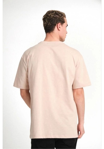 Erkek Düz Tişört Bisikilet Yaka Kısa Kol Oversize T-shirt - Bej