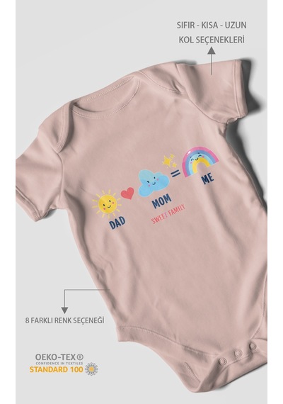 Morivokids Dad Mom Me Sweet Family Kısa Kollu Bebek Body %100 Pamuk Pastel Pembe