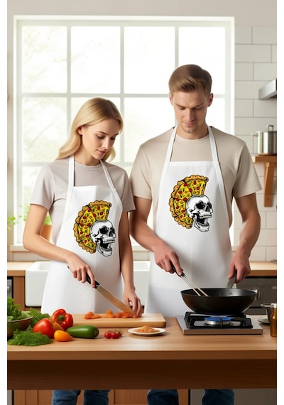 Unisex Mutfak Aşçı Önlüğü Kafatası Pizza Baskılı Grafik Tasarım S Beyaz