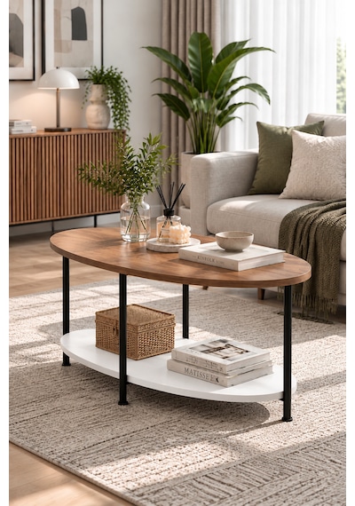 Oval Orta Sehpa 90 Cm İki Katlı Raflı Metal Ayaklı Modern Dekoratif Salon Sehpası Çam - Beyaz Oval Orta Sehpa 90 Cm İki Katlı Raflı Metal Ayaklı Modern Dekoratif Salon Sehpası Çam - Beyaz