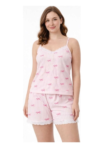 Tenra Kadın Pembe Çizgili Fiyonk Desenli İp Askılı Şortlu Pijama Takımı Dantel Detaylı