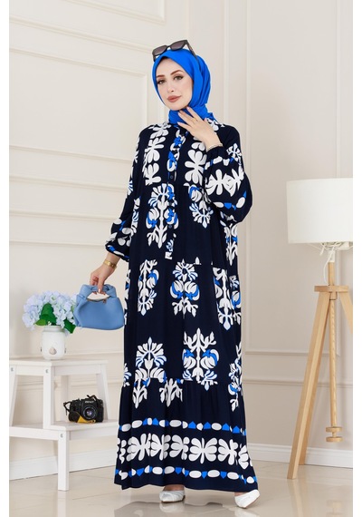 Sevitli Yarım Düğmeli Robalı Belinay Elbise-lacivert-5095
