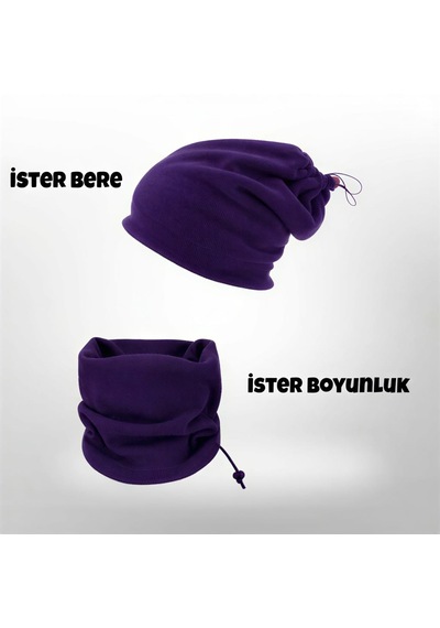 Qulothes 3 Lü Kombin Set Termal Polar Soğuk Geçirmez Bere & Boyunluk Unisex Kışlık Ayarlanabilir İp Çok Renkli