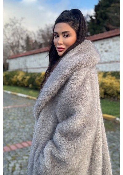 Açelyaokcu Premium Şal Yaka Mob Wife Suni Kürk Maxi Kadın Kaban Gri