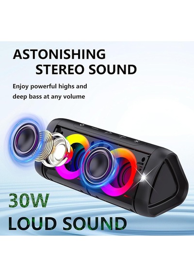 Işıklı Bluetooth Hoparlör, 30w Stereo Ses, Bass Boost, Ipx5 Su Geçirmez, 20h Çalma Süresi, Dahili Mikrofonlu Taş