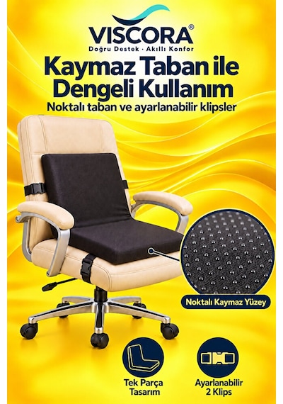 Visco Bel Destek Ve Oturma Minderi Ev, Ofis Ve Araç İçin Tek Parça, Kaymaz Tabanlı Ve Klipsli Siyah