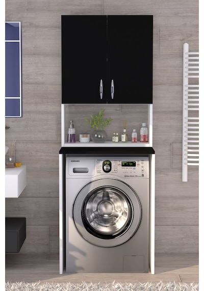 Üst Dolaplı Çok Amaçlı Çamaşır Makinesi Dolabı Siyah Beyaz