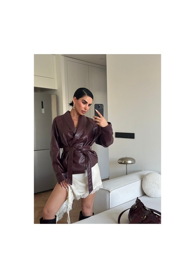 Meecy Kadın Zr Model Şal Yaka Bağlamalı Deri Ceket Bordo Bordo