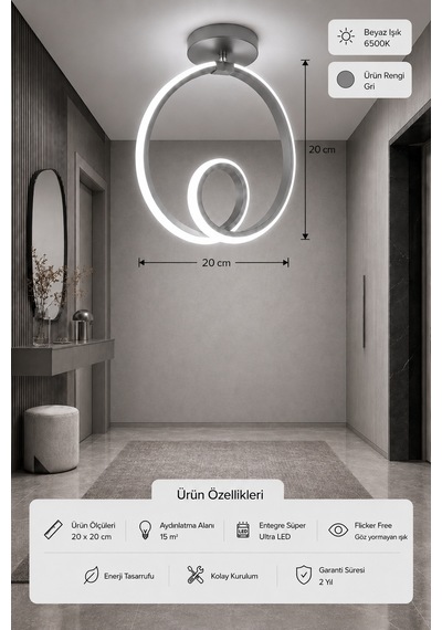 Ovira Led Plafonyer Avize Beyaz Işık Gri