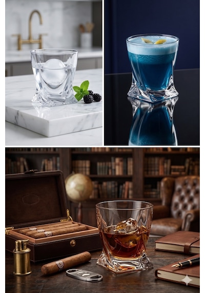 Asimetrik Kesim Kristal Dokulu 2 Adet Premium Bourbon & Scotch Bardak Takımı Viski Bardağı Şeffaf