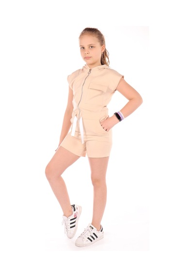 Toontoy Kids Toontoy Kız Çocuk Kapüşonlu Fermuarlı Cepli Kısa Kol Kısa Tulum - Bağcık Detaylı Bej Toontoy Kids Toontoy Kız Çocuk Kapüşonlu Fermuarlı Cepli Kısa Kol Kısa Tulum - Bağcık Detaylı Bej