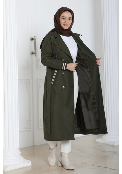 Bondit Kumaş Ribanalı Uzun Boy Trençkot / Haki - M0110 Haki