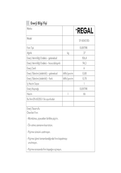 Regal SF 6060 DG 66 L 4 Gözü Gazlı Solo Fırın