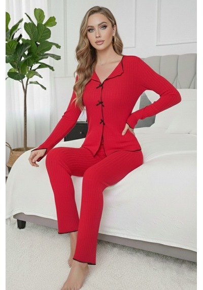 Bella Notte Pamuklu Kırmızı Fiyonk Detaylı Mevsimlik Pijama Takımı