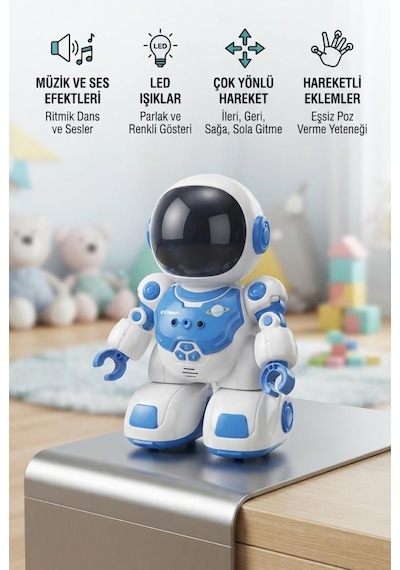 Uzaktan Kumandalı Dev Boy Şarjlı Çift Frekans Kontrollü Dans Eden Işıklı Müzikli 36 Cm Robot Oyuncak Mavi