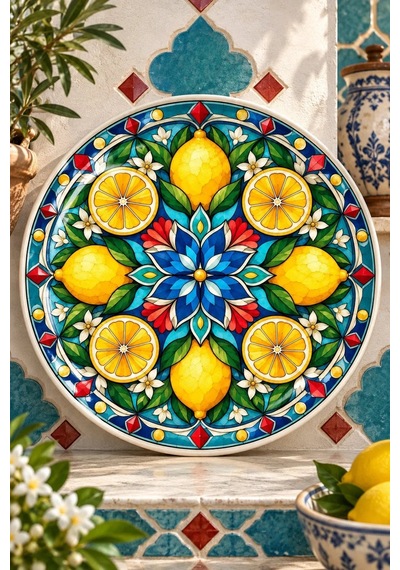 Dekoratif Duvar Tabağı Limonlu Vitray Bahçesi Dekorlu Seramik Tabak Lacivert