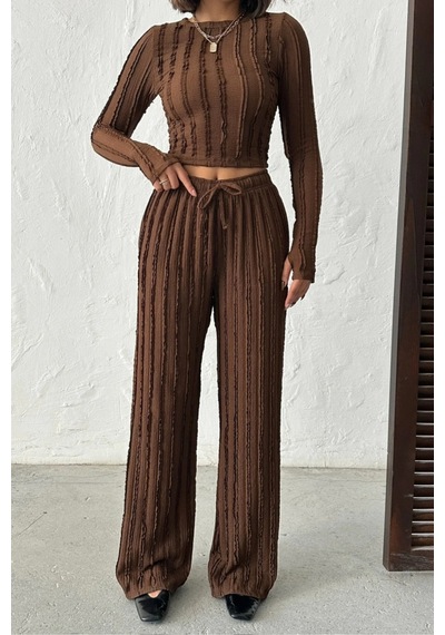 Trend Alisse Kahverengi Kışlık Premium Fitilli Parmak Geçmeli Crop Bluz Bol Paça Pantolon Takımı