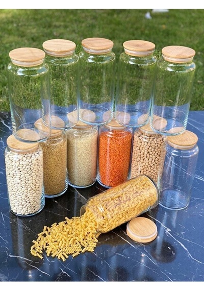 12'li Vakum Kapaklı Cam Kavanoz Erzak Kabı 1400 Ml 111 Adet Etiket Hediyelii Şeffaf