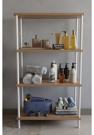4 Katlı Çevir Kur Metal Gövdeli Banyo Rafı Çok Amaçlı Düzenleyici Organizer Stand Banyo Dolabı Atlantik Çam