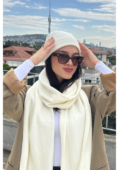 Mollycrush Kadın Kışlık Ekru Atkı Bere Seti Şık Örgü Set Ekru