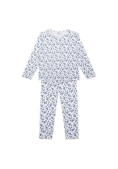 Antebies Organik Beyaz Yabanmersini Desenli Jakarlı Beli Lastikli Uzun Kollu Kız Çocuk Pijama Takımı Mavi