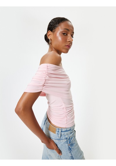 Koton Kayık Yaka Tişört Drape Detaylı Slim Fit Kısa Kollu Pembe 4sal11078ık Gül