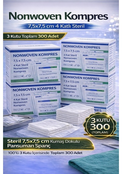 Nonwoven Kompres 7,5x7,5 Cm 4 Katlı Steril 100 Adet Kumaş Dokulu Pansuman Spanç 3 Kutu