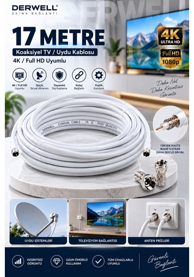 17 Metre 4k Full Hd Koaksiyel Tv Uydu Anten Kablosu Seti - Güçlü Sinyal Aktarımlı Dayanıklı Televizyon Kablosu - Lnb Alıcı Uyumlu Yüksek Kalite Beyaz